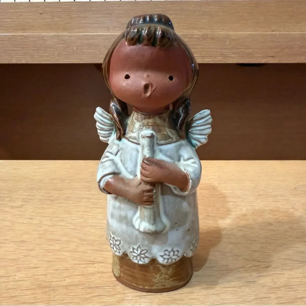 Vintage Red Clay Pottery Angel Figurine with Flute Made in Japan